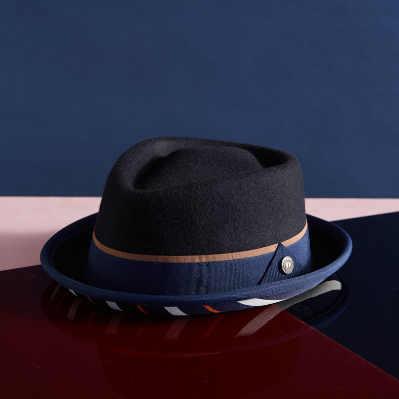 Bruno Navy wool felt retro stripe under brim porkpie hat